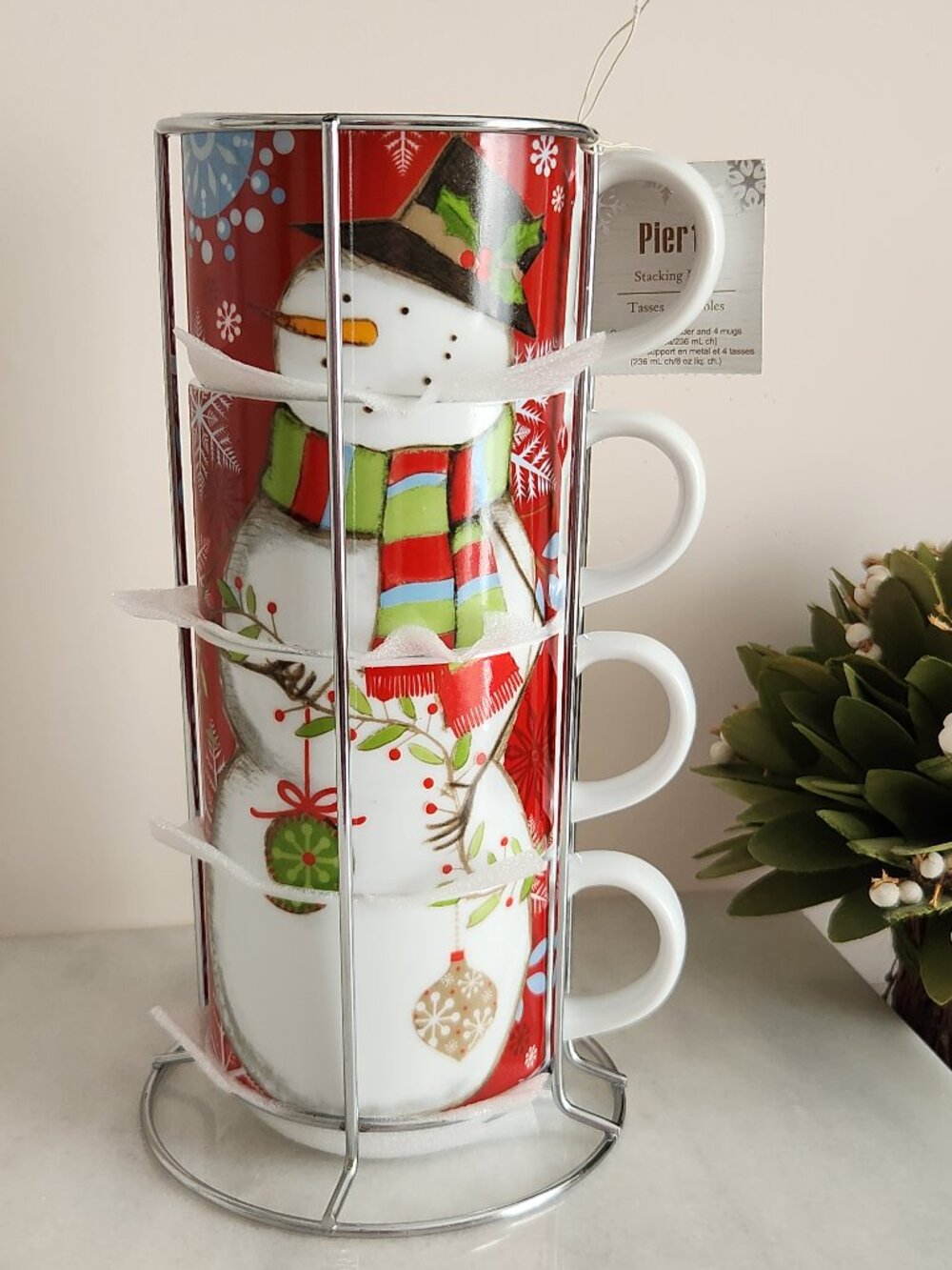Pier 1 Holiday Snowman Stacking Mugs Set of 4 with Metal Holder 8 Oz Christmas